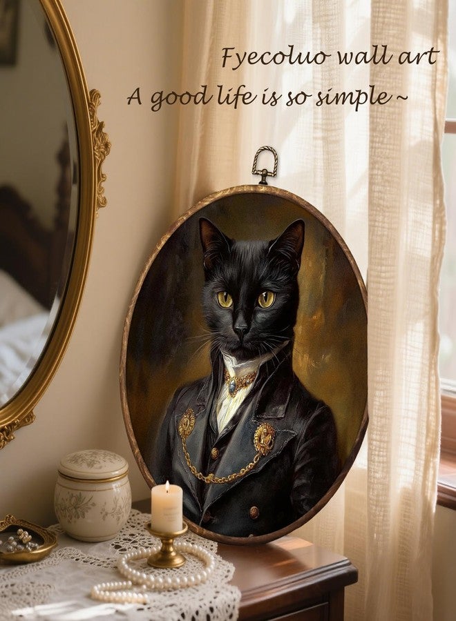 HUGANE Vintage Moody Elegant Black Cat Round Wall Art Decor, Dark Academia Whimsical Cat Mom Lady Lovers Hanging Canvas Framed Prints Wall Sculptures for Home Bedroom Living Room Decor, 10x10 Inch - Image 4